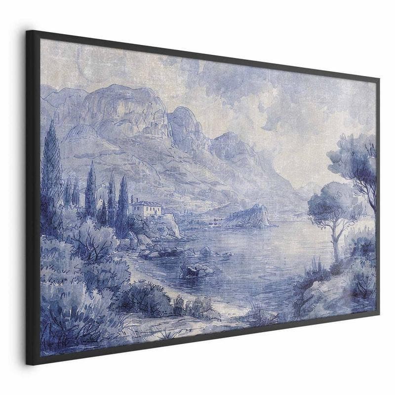 Poster - Blue Bay - Italian Landscape of Lake Como Painted in Blue Ink - 16