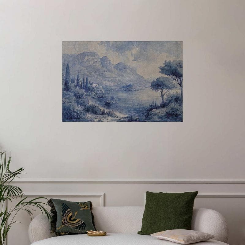 Poster - Blue Bay - Italian Landscape of Lake Como Painted in Blue Ink - 11