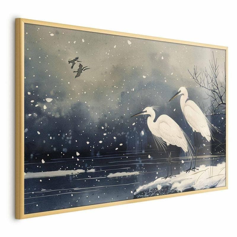 Poster - Herons over a Winter Pond - illustration in the Japanese style in dark colors - 17
