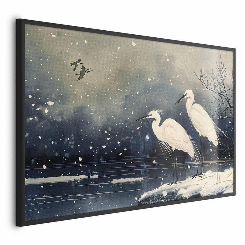 Poster - Herons over a Winter Pond - illustration in the Japanese style in dark colors - 16
