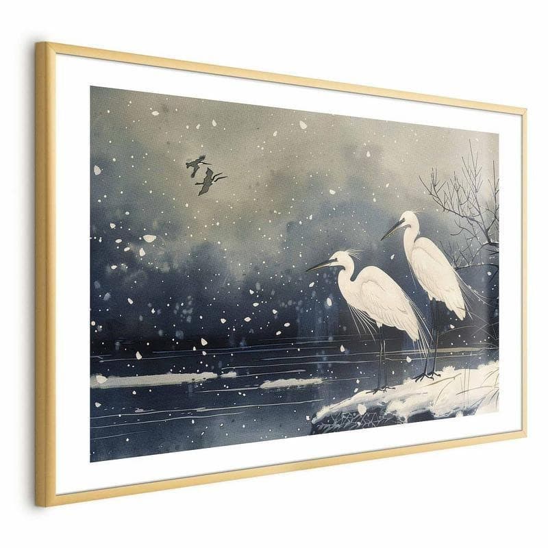 Poster - Herons over a Winter Pond - illustration in the Japanese style in dark colors - 18