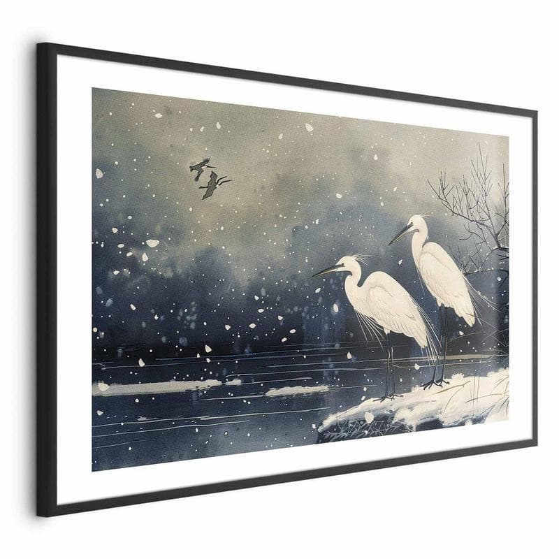 Poster - Herons over a Winter Pond - illustration in the Japanese style in dark colors - 19