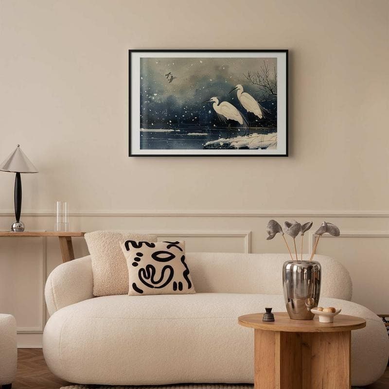 Poster - Herons over a Winter Pond - illustration in the Japanese style in dark colors - 11