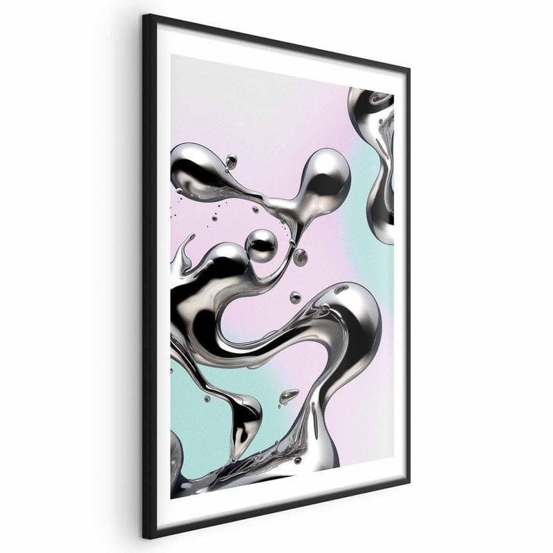 Poster - Metallic Fluidity - abstract silver forms on a mint-purple background - 15