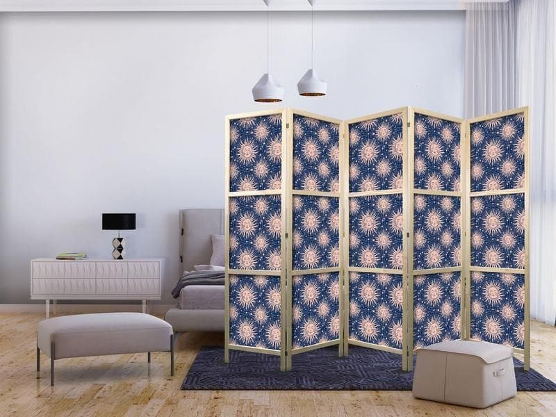 Paravento giapponese - Sunny Patterns - Repeating Sun Motif on a Navy Background - 2