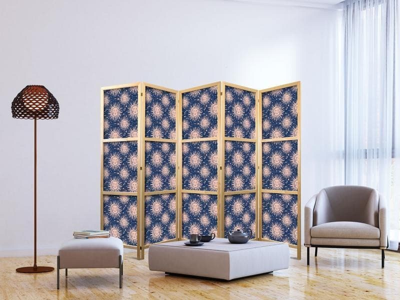Paravento giapponese - Sunny Patterns - Repeating Sun Motif on a Navy Background - 3