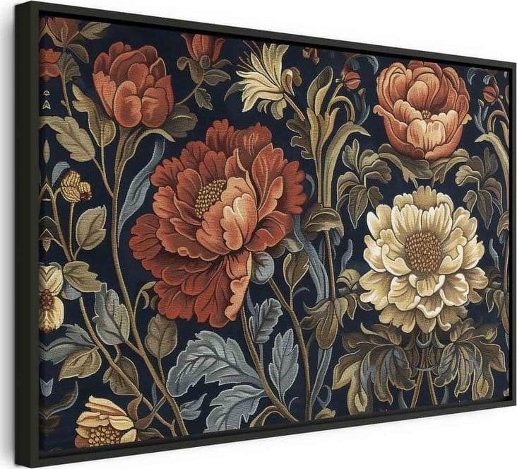 Quadro - Tapestry Large Flowers Retro Floral Motif in Kilim Style – In cornice nera di legno, 60x40 – Collezione Casa Art