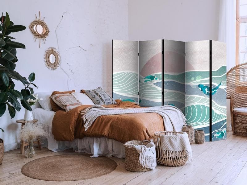 Paravento - Picturesque Landscape With Fish - Sunset And Koi Fish in Shades of Turquoise And Blue Floating Above The Wat - 3