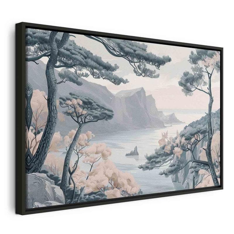 Quadro - Mountainous Coast with Trees and Rocks in Light Pastel Blues - 20
