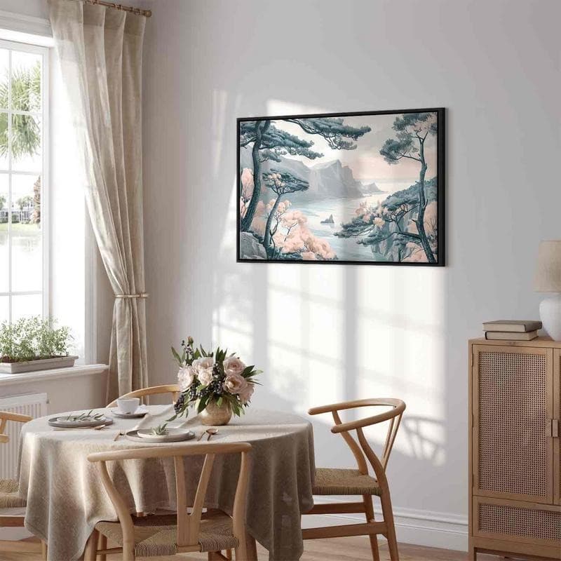 Quadro - Mountainous Coast with Trees and Rocks in Light Pastel Blues - 12