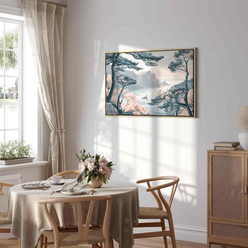Quadro - Mountainous Coast with Trees and Rocks in Light Pastel Blues - 13