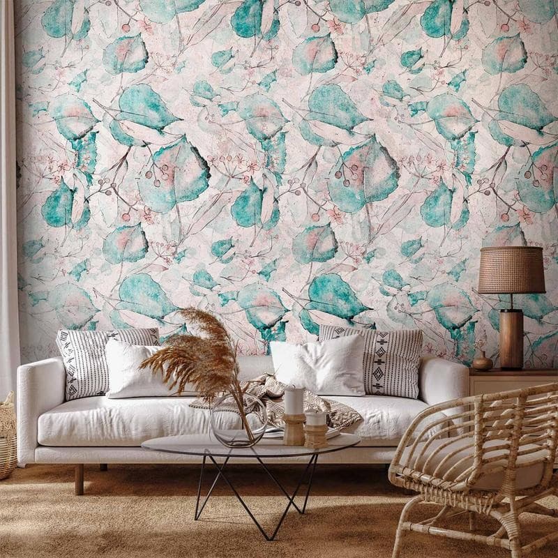Carta da parati - Autumn souvenirs - floral pattern with turquoise leaves - 13