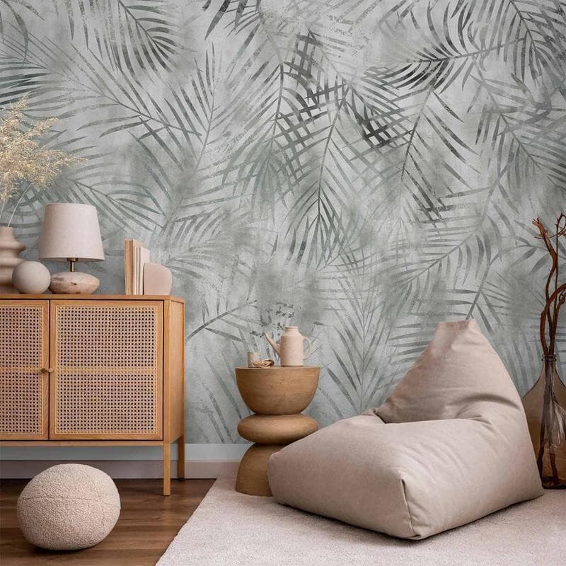 Carta da parati - Minimalist landscape - nature motif with grey exotic leaves - 13