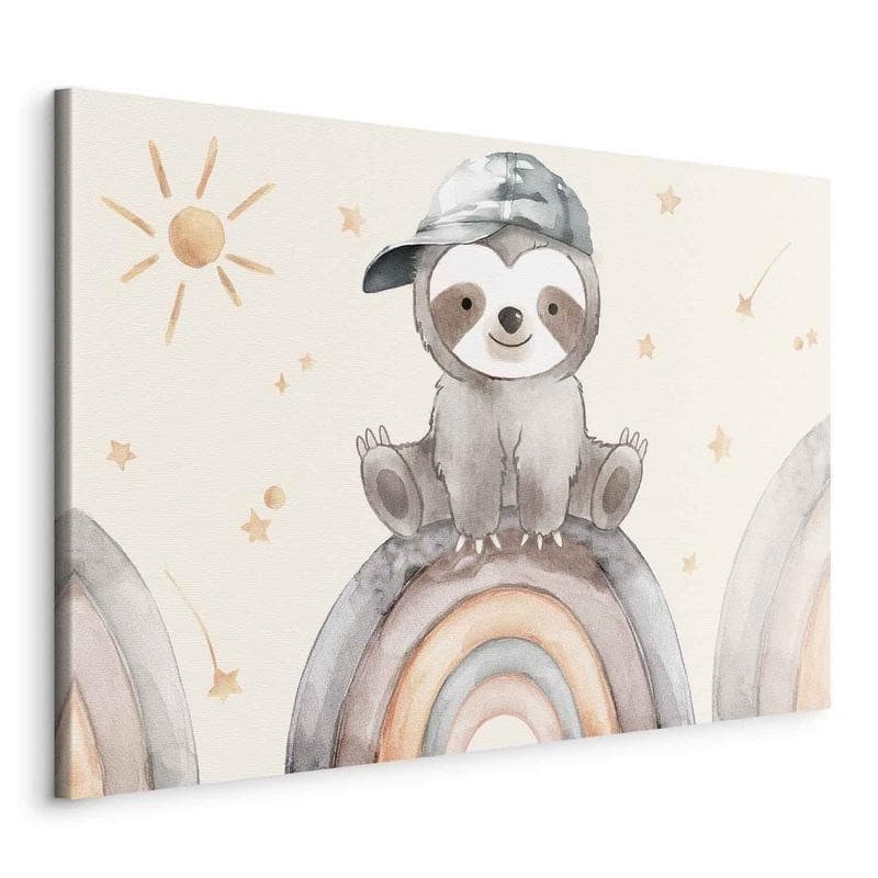 Quadro - Happy Sloth - Sloth in Subdued Colors Wearing a Cap Sitting on a Rainbow Among Little Stars - 20