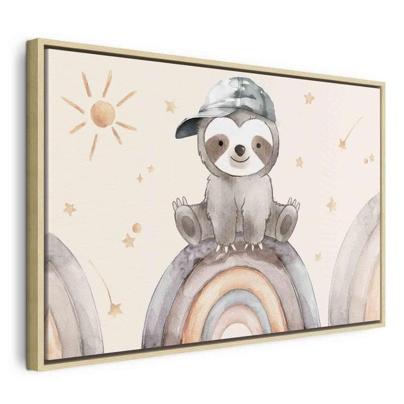 Quadro - Happy Sloth - Sloth in Subdued Colors Wearing a Cap Sitting on a Rainbow Among Little Stars - 22