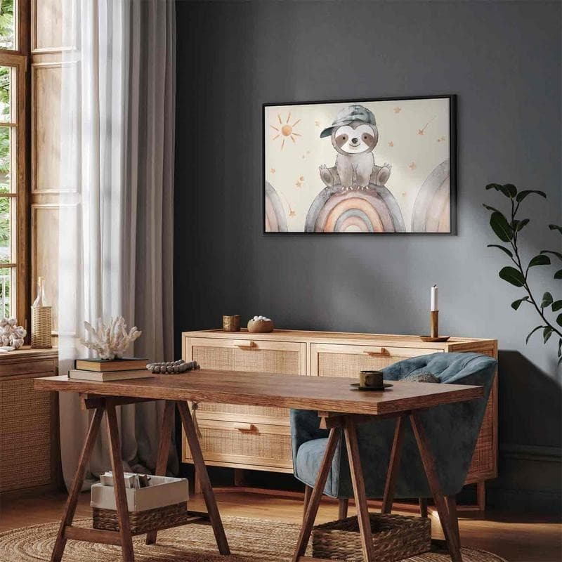 Quadro - Happy Sloth - Sloth in Subdued Colors Wearing a Cap Sitting on a Rainbow Among Little Stars - 12