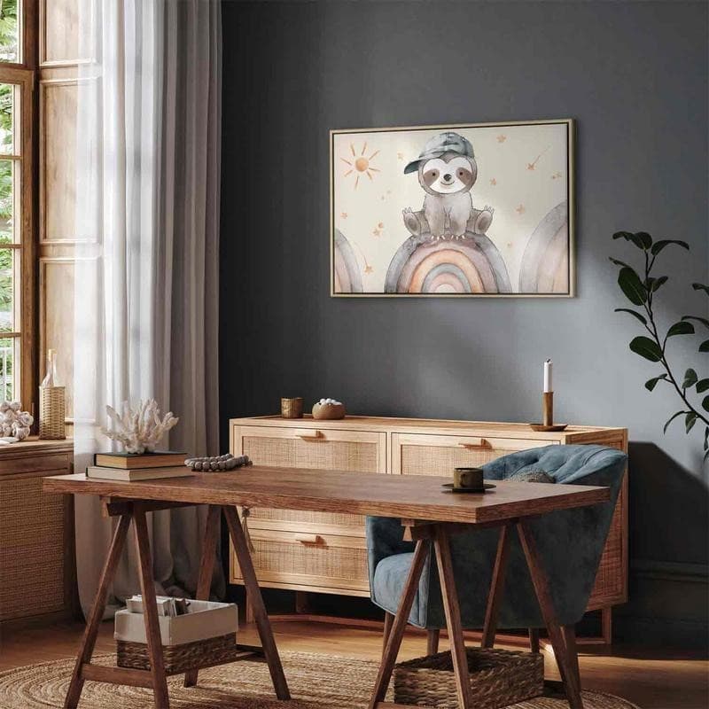 Quadro - Happy Sloth - Sloth in Subdued Colors Wearing a Cap Sitting on a Rainbow Among Little Stars - 13