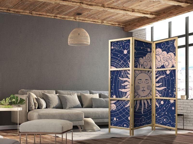 Paravento giapponese - Cosmic Harmony - Illustration of the Sun and Moon on a Navy Background - 3