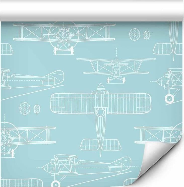 Tappezzeria murale - Sketch - Outline of an airplane in white on a turquoise background - 2