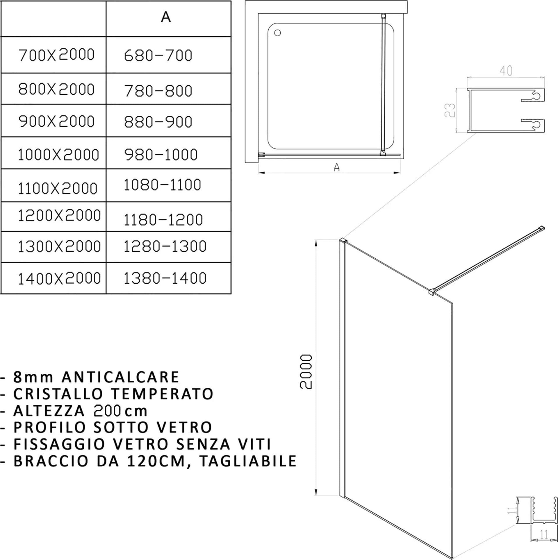 Doccia walk-in 80 cm h200 vetro 8mm anticalcare trasparente ISIDE - 6