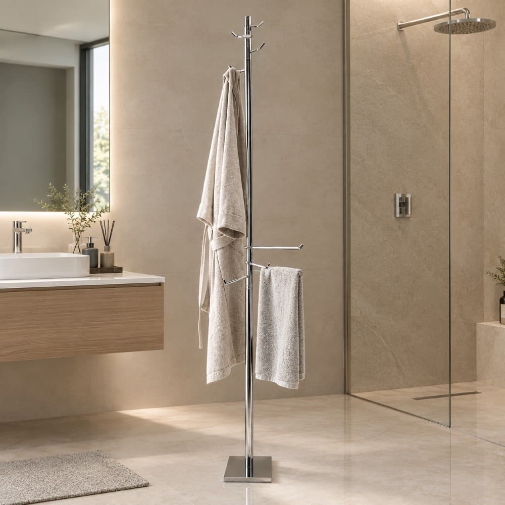 Piantana alta da bagno in ottone cromato porta salviette e appendi abiti orientabili con base rettangolare - piantana bagno - 2