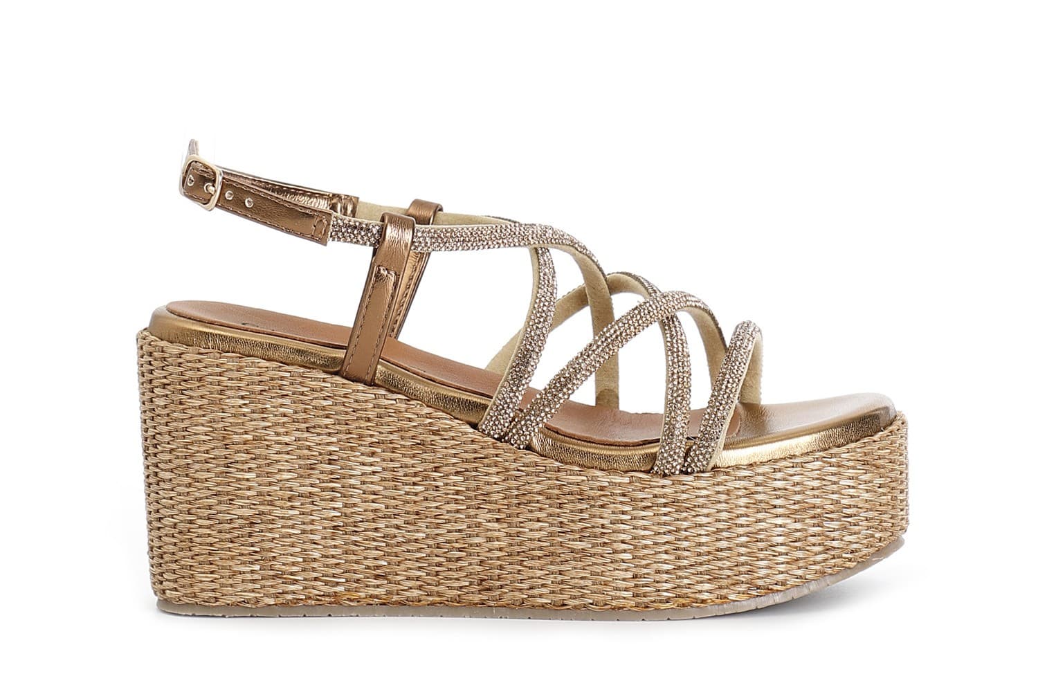 SANDALO CON LACCI INCROCIO IN STRASS ZEPPA FASCIA RAFIA - 16