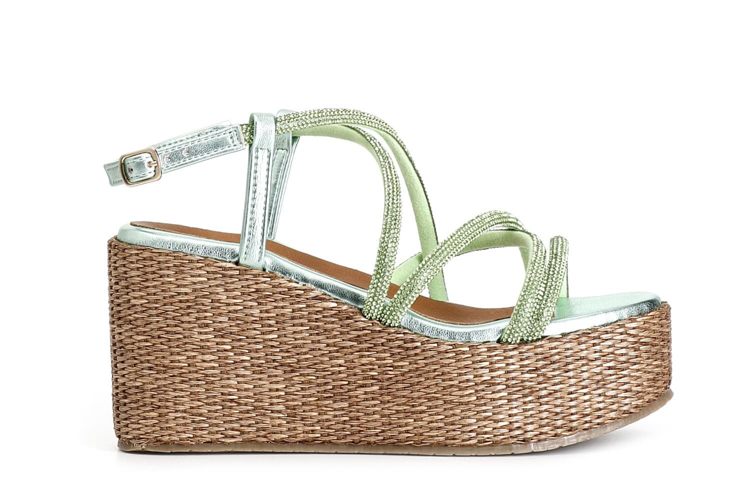 SANDALO CON LACCI INCROCIO IN STRASS ZEPPA FASCIA RAFIA - 13