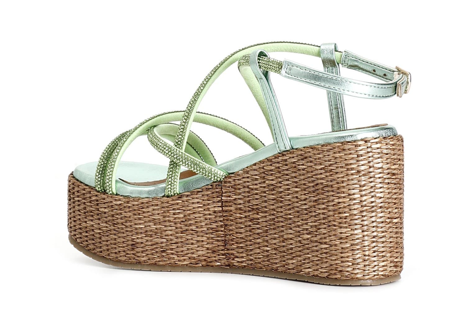 SANDALO CON LACCI INCROCIO IN STRASS ZEPPA FASCIA RAFIA - 2