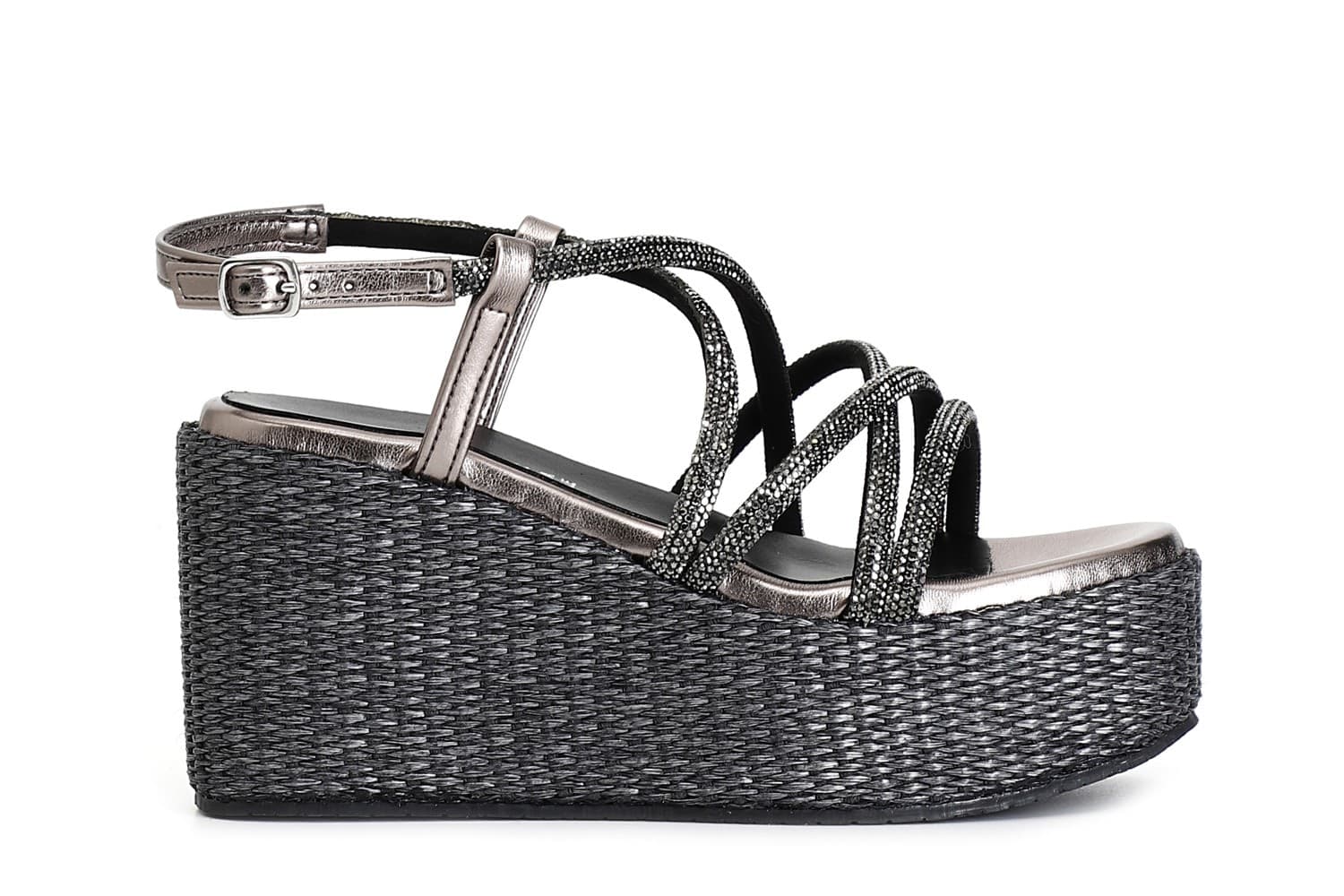 SANDALO CON LACCI INCROCIO IN STRASS ZEPPA FASCIA RAFIA - 4