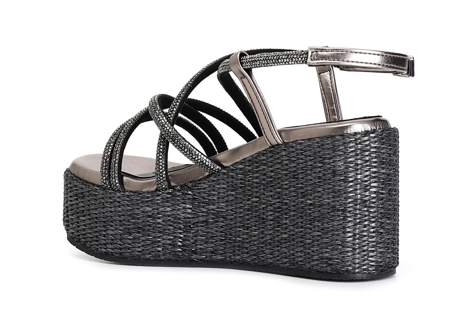SANDALO CON LACCI INCROCIO IN STRASS ZEPPA FASCIA RAFIA - 5