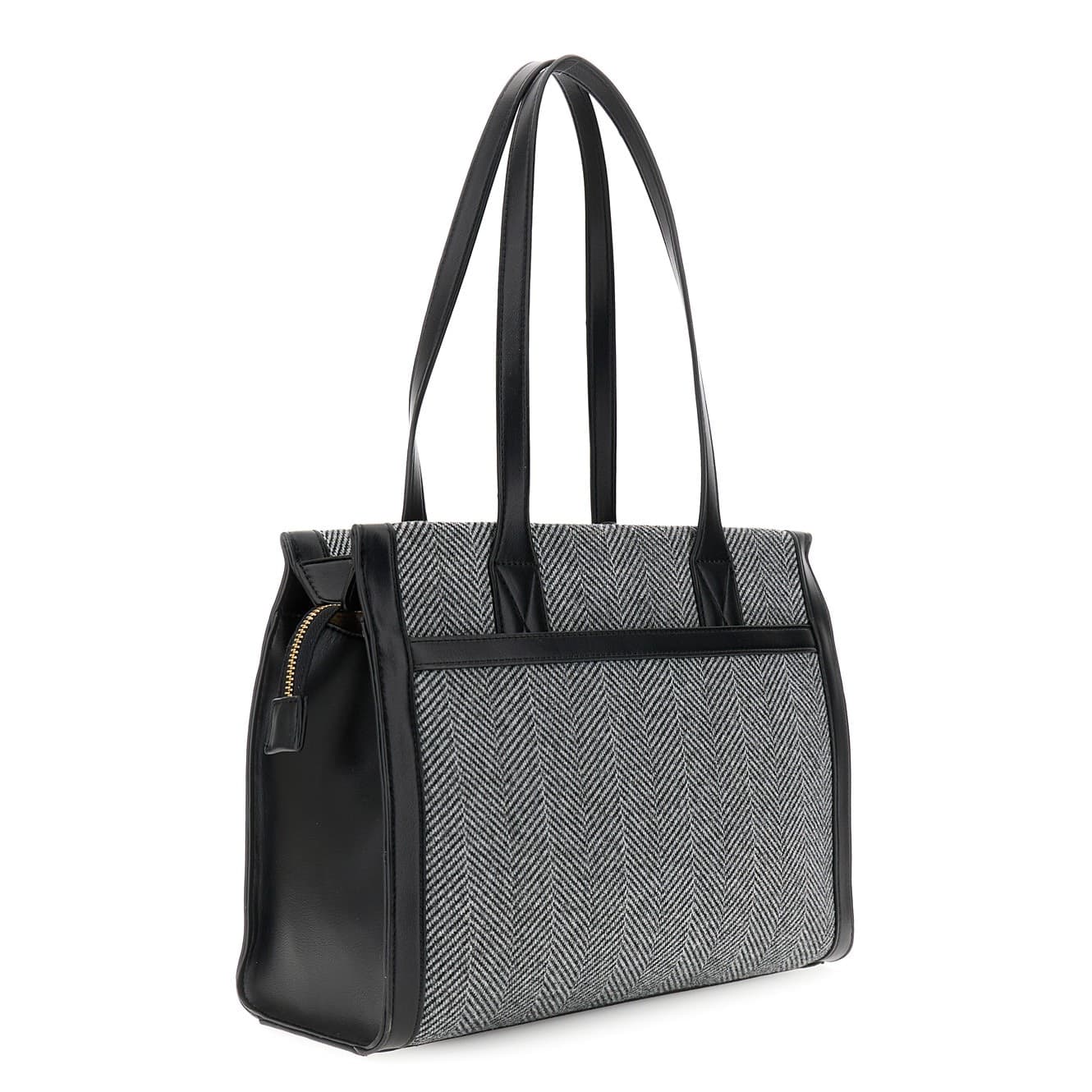 BORSA IN TESSUTO TWEED, CHARM CON NAPPINA E LETTERING IN METALLO - 4