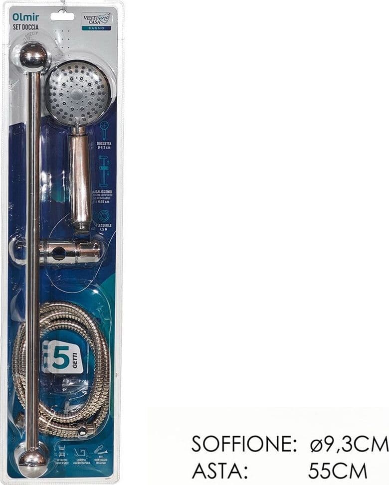 SET DOCCIA CON ASTA SALISCENDI SOFFIONE DOCCETTA 5 GETTI D'ACQUA TUBO FLESSIBILE DA 1,5MT - 3