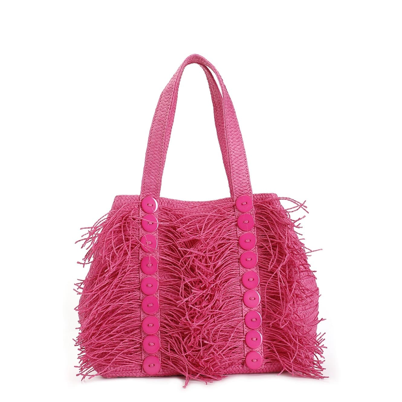 shopping in raffia con applicazione di bottoni e frange - 7