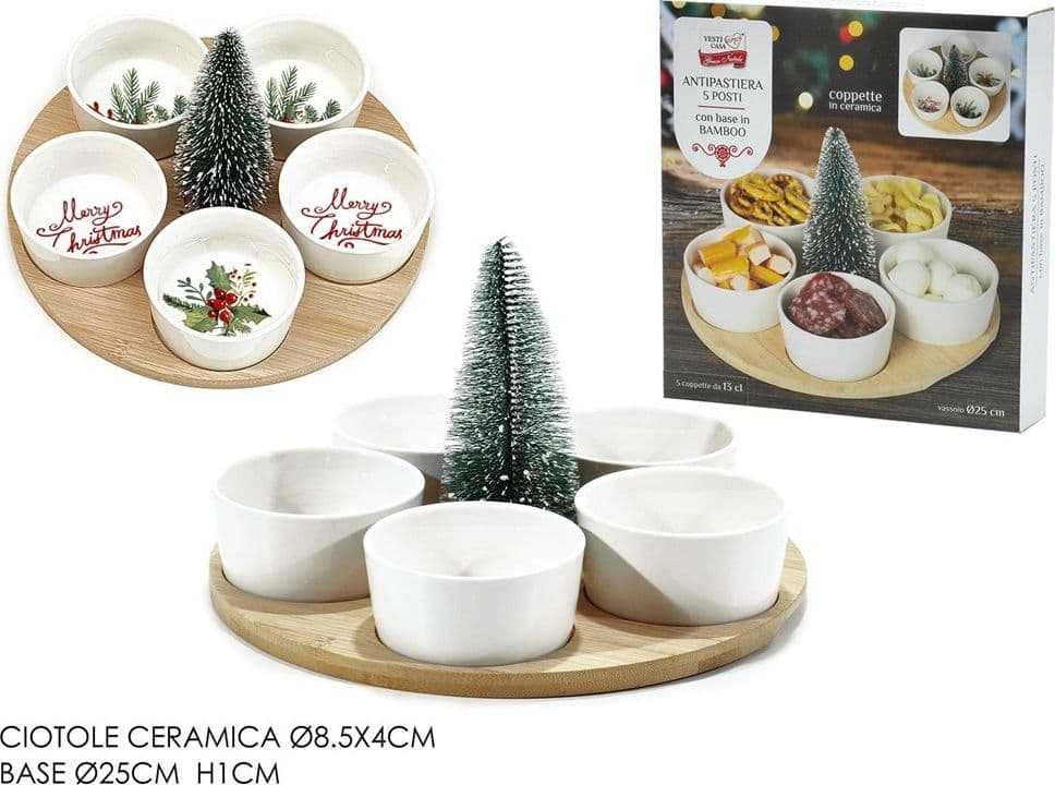 SET ANTIPASTIERA 5 POSTI PER ANTIPASTI DI NATALE CON BASE IN BAMBOO COPPETTE IN CERAMICA - 2