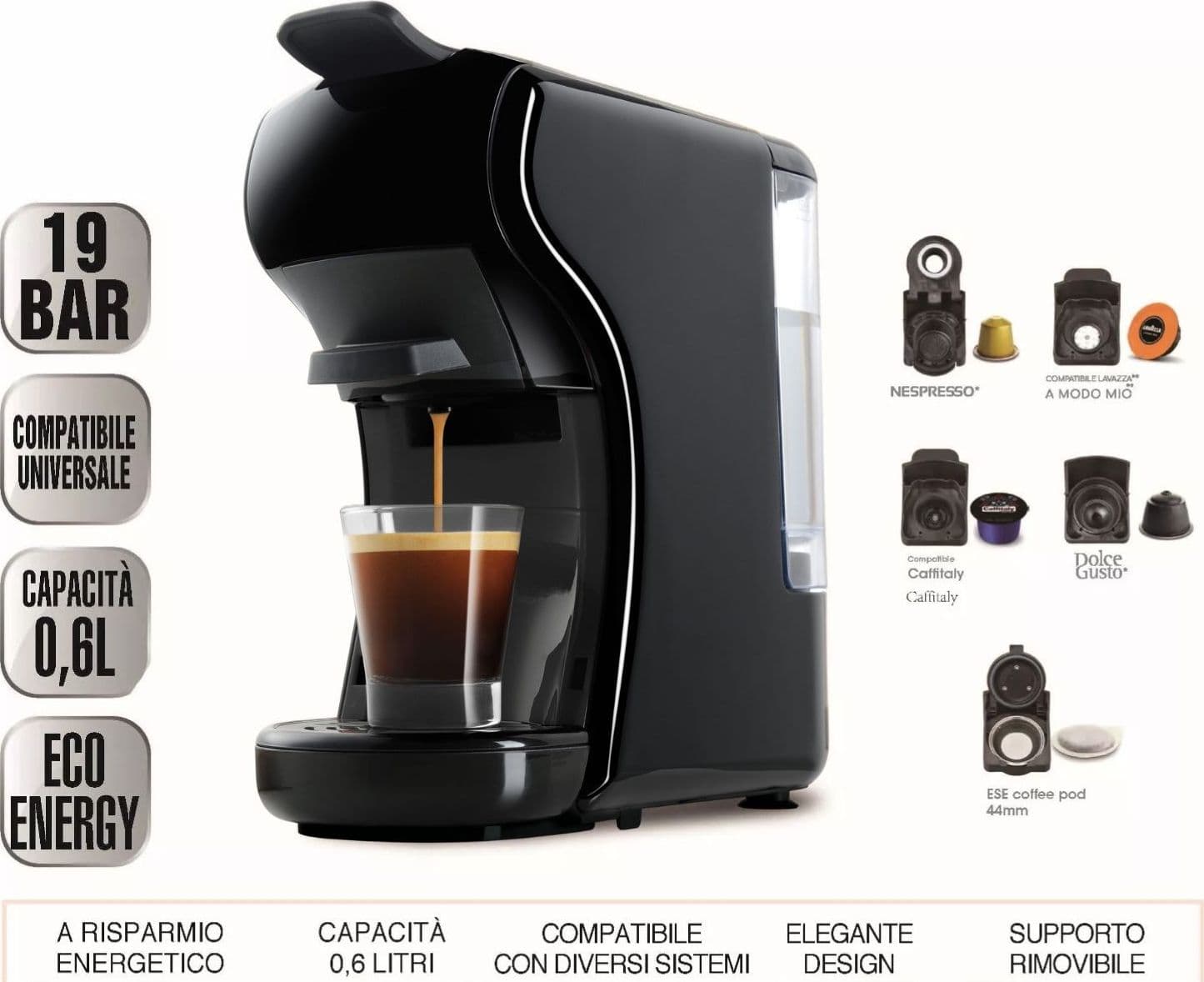 DCG ES6517 - Macchina Del Caffè Universale, serbatoio 0,6 Litri, 19 BAR, 1.450W - NERA+ Omaggio 15 Pz Cialde / Capsule in Macchine da caffè tazza singola Ecoprice.it - Avellino, commercioVirtuoso.it