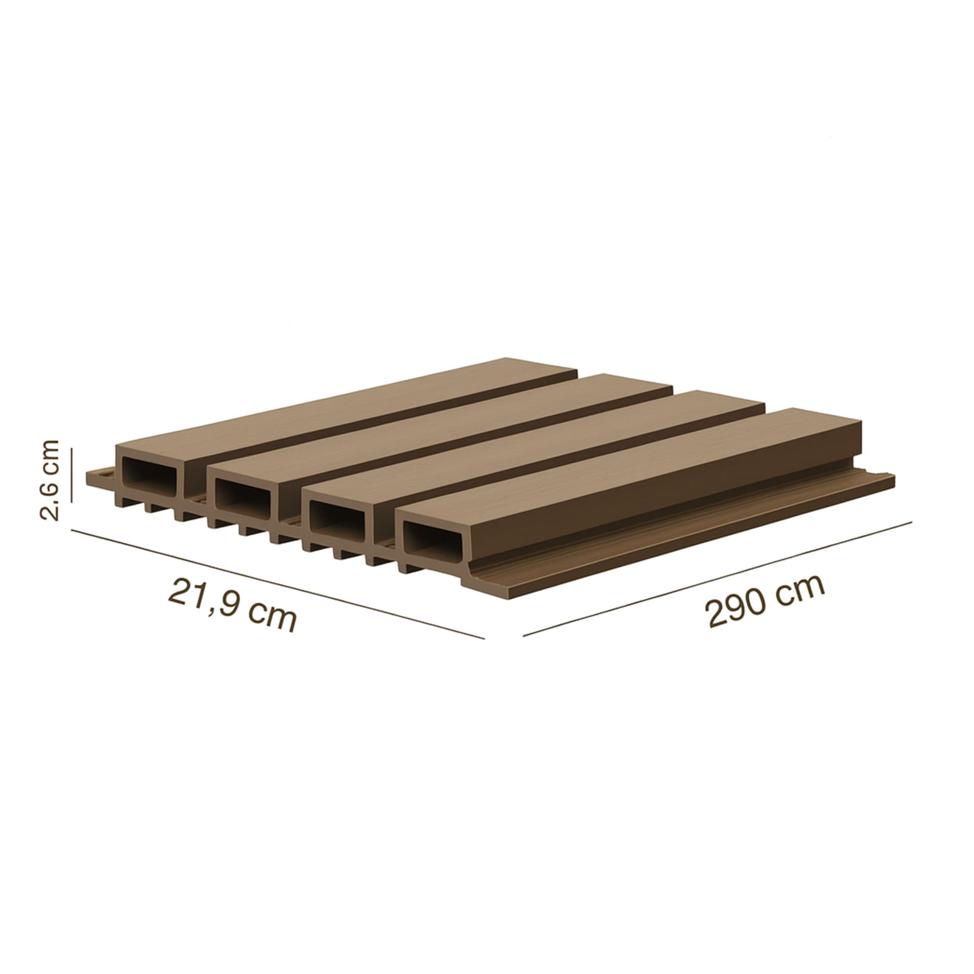 Barra intera WPC rivestimento esterno a lamelli 219x26x2900mm (LxSxA) con tasselli omaggio Coffee o Grey - Eternal Parquet