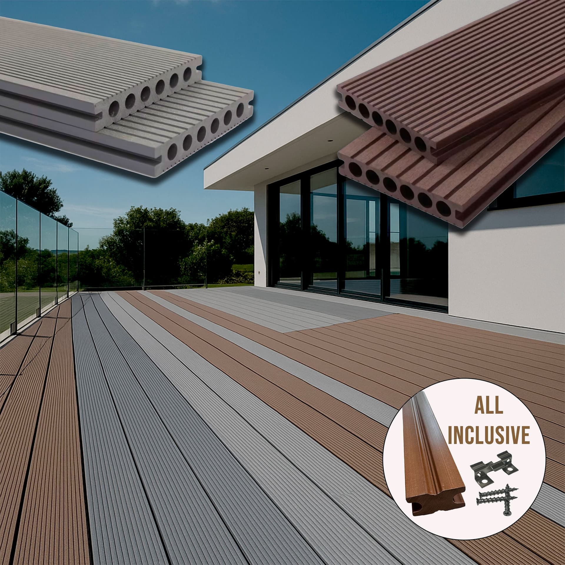 (€39,90mq) KIT 8,41mq di Decking WPC 140×25×2900mm Coffee o Grey doppia faccia Inclusi Magatelli - clip acciaio e viti