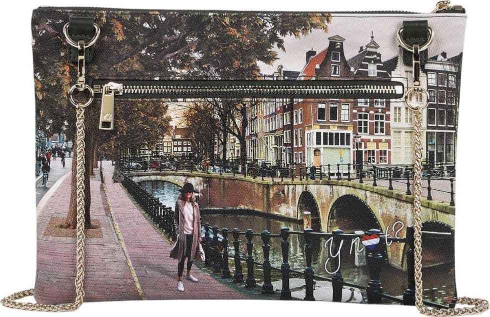 YNot borsa piatta clutch AMSTERDAM BRIDGE tracolla catena zip tasche multiple - 3