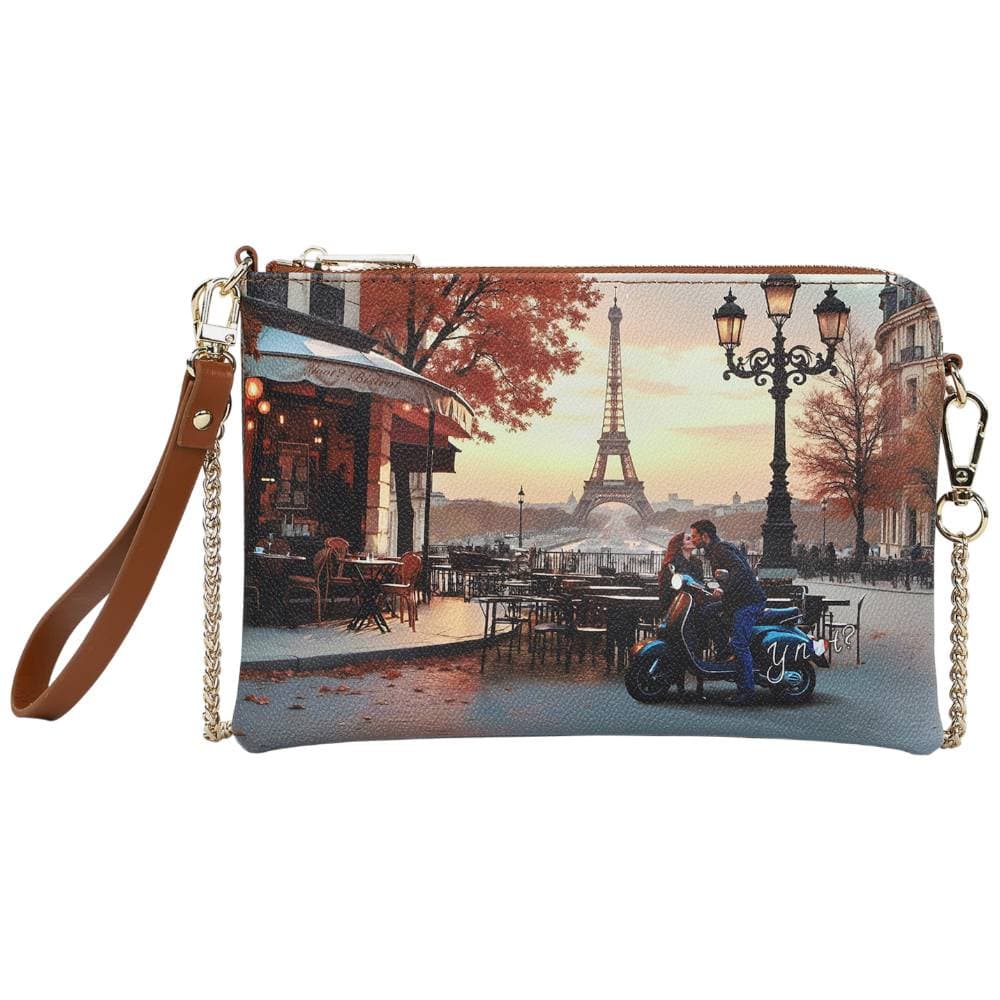 YNot tracolla piatta similpelle stampa KISSES FROM PARIS con catena e manico staccabile - 3