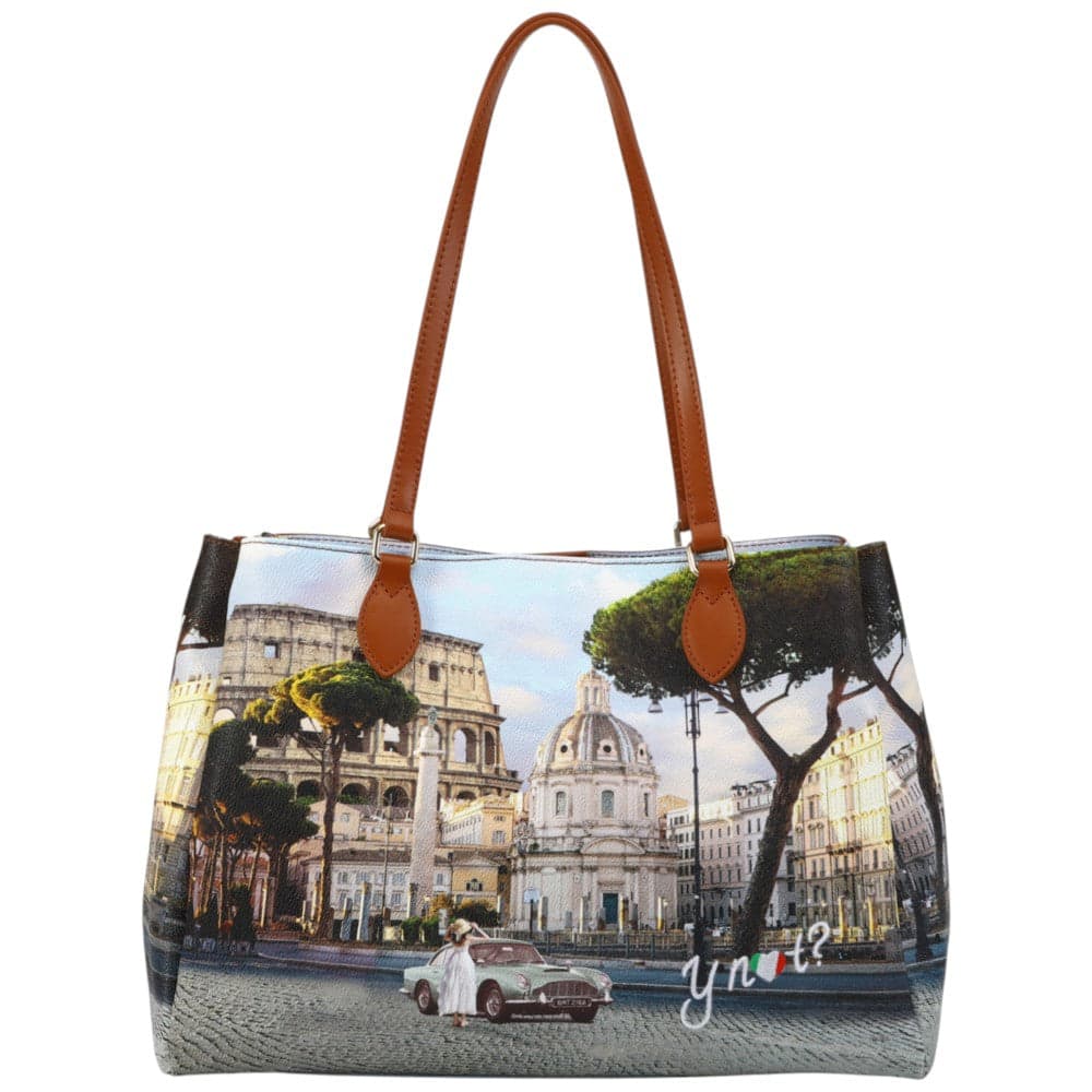 YNot borsa tote shopping in ecopelle e pelle con zip e tasche Cuoio - 3