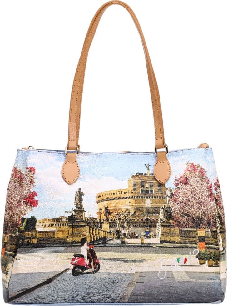 YNot borsa tote shopping Roman Holidays ecopelle pelle zip tasche beige - 3