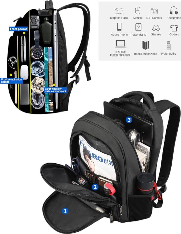 Tigernu Zaino da Viaggio Impermeabile con Porta USB Sicurezza 15,6" - 11