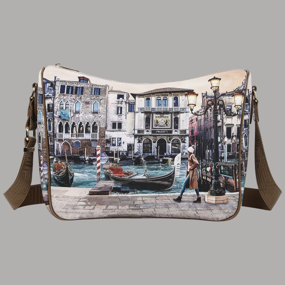 YNot borsa tracolla in tessuto regolabile con zip multitasche Taupe - 4