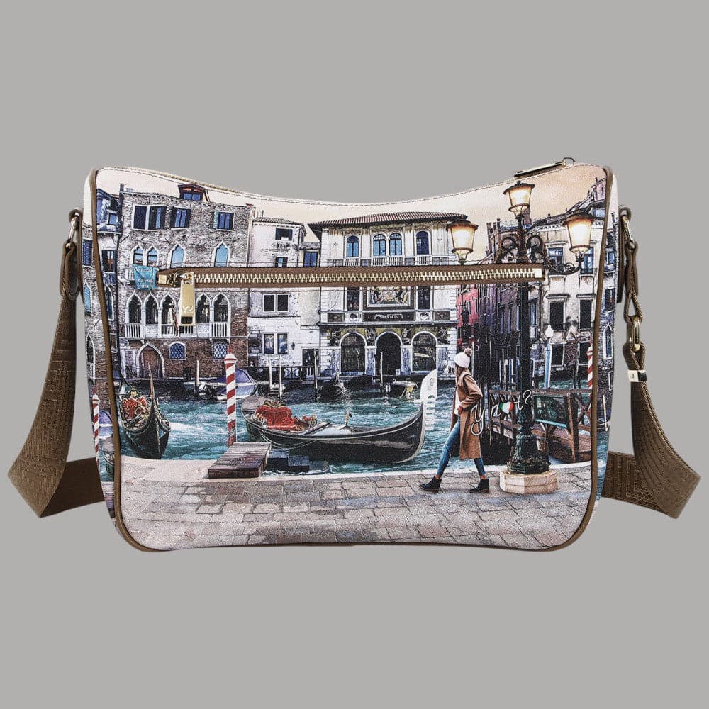 YNot borsa tracolla in tessuto regolabile con zip multitasche Taupe - 3