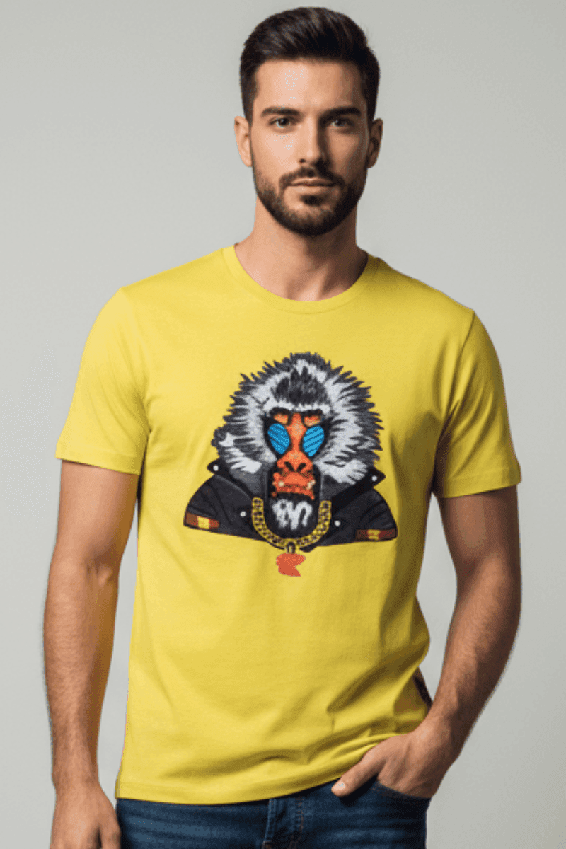 T-Shirt Uomo Gallo Fantasia Stampa Babbuino Giallo - Eleganza Italiana Premium