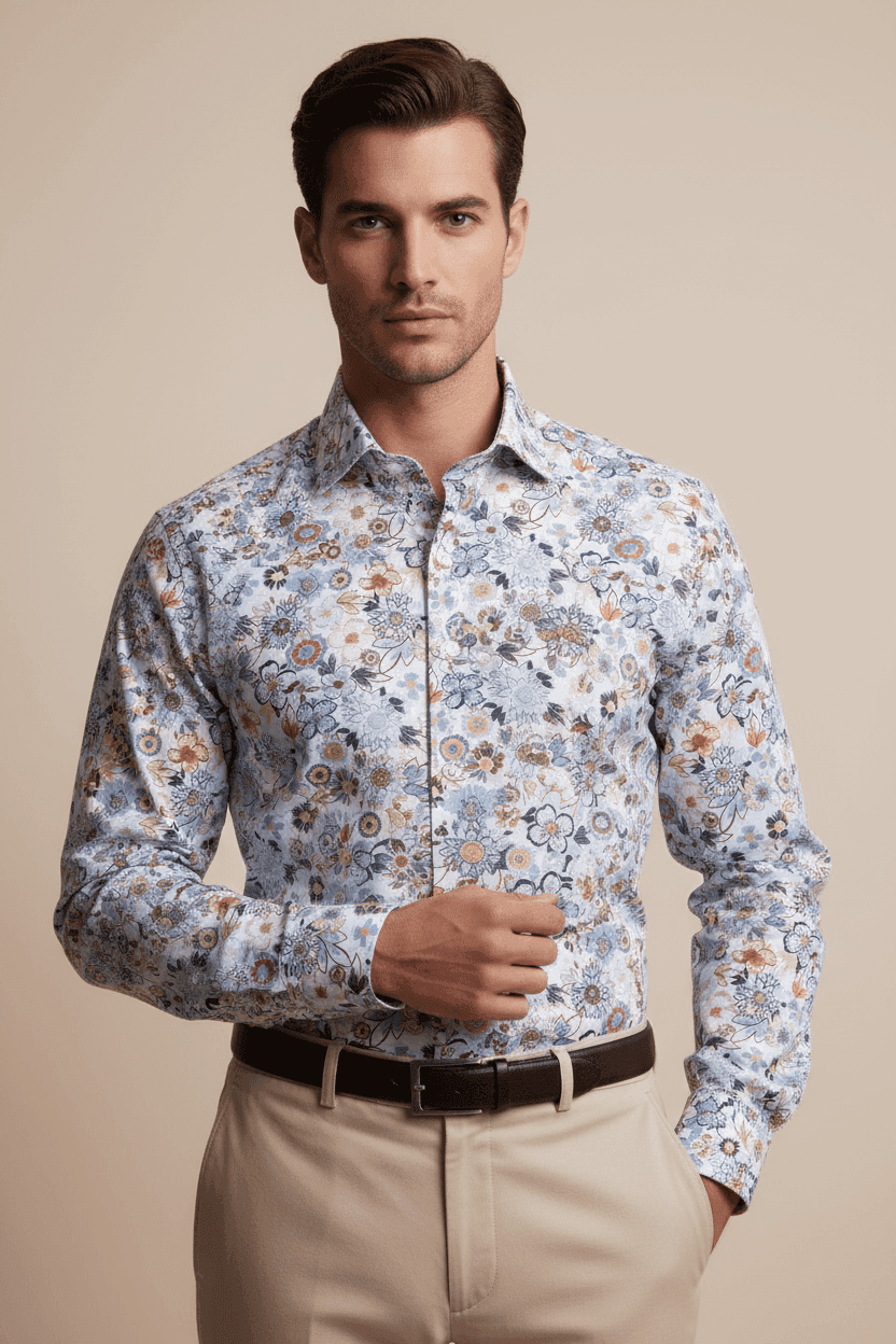 Camicia uomo Sonrisa - Fantasia fiori Bianco/celeste/marrone