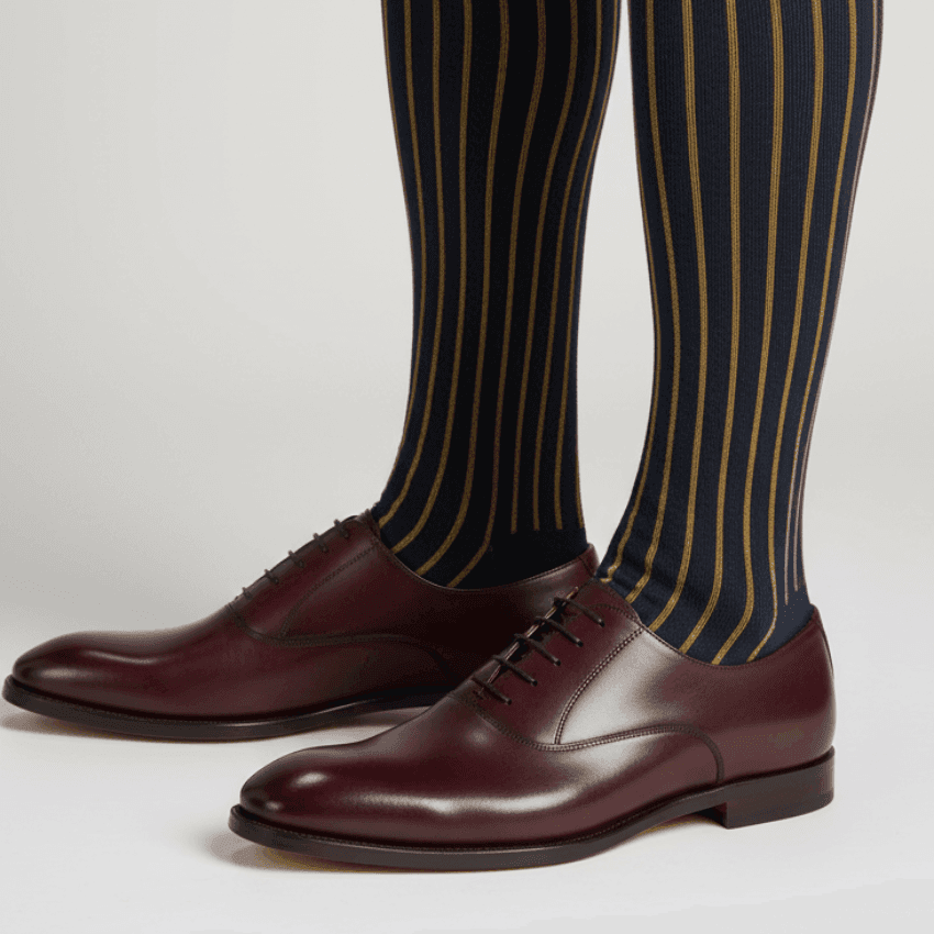 Calze lunghe uomo Gallo - Fantasia righe - Oltremare/oro twin rib spaziata in Calze Couture - Sestu, commercioVirtuoso.it
