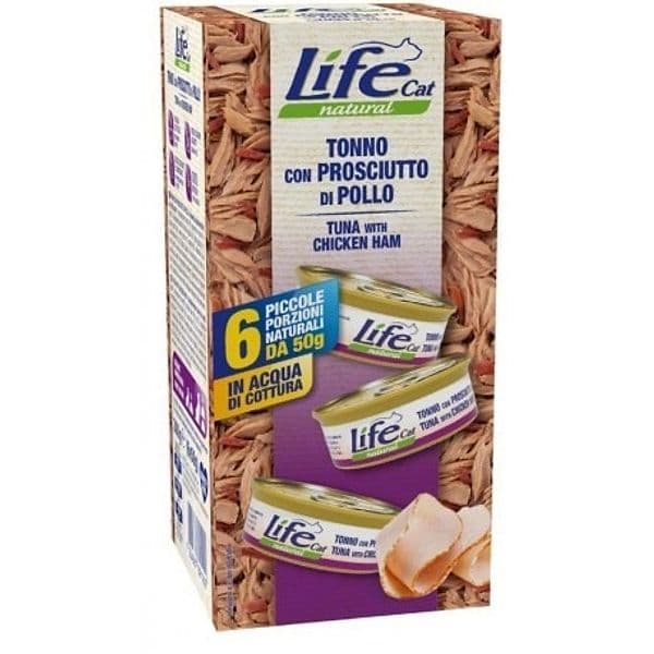 Life Cat Natural Multipack Tonno con Prosciutto di Pollo per Gatti 6x50 gr