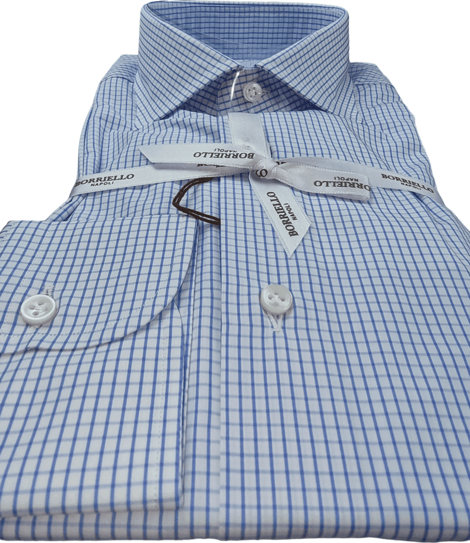 Camicia uomo Borriello - Collo francese - bianco quadretti celesti - 2
