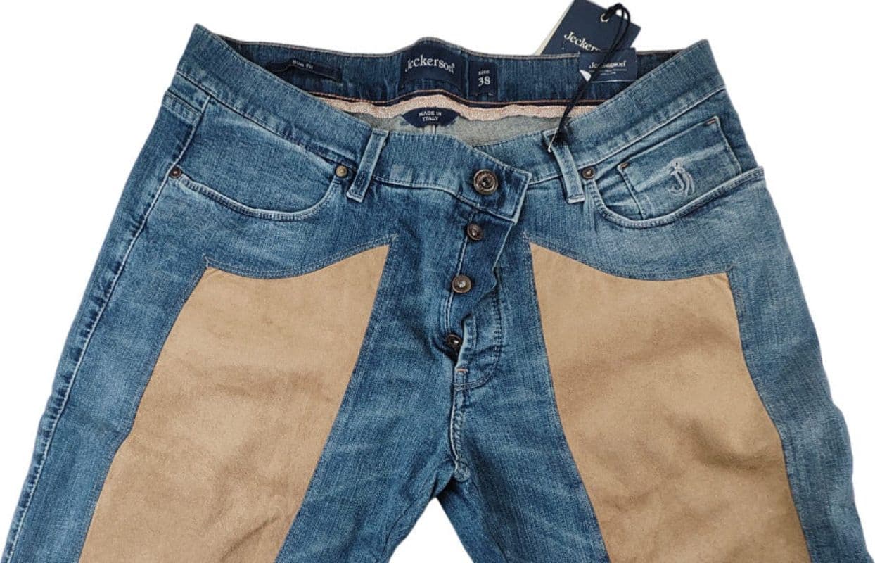 Jeans uomo Jeckerson - denim 5 tasche con toppe alcantara in Jeans Couture - Sestu, commercioVirtuoso.it